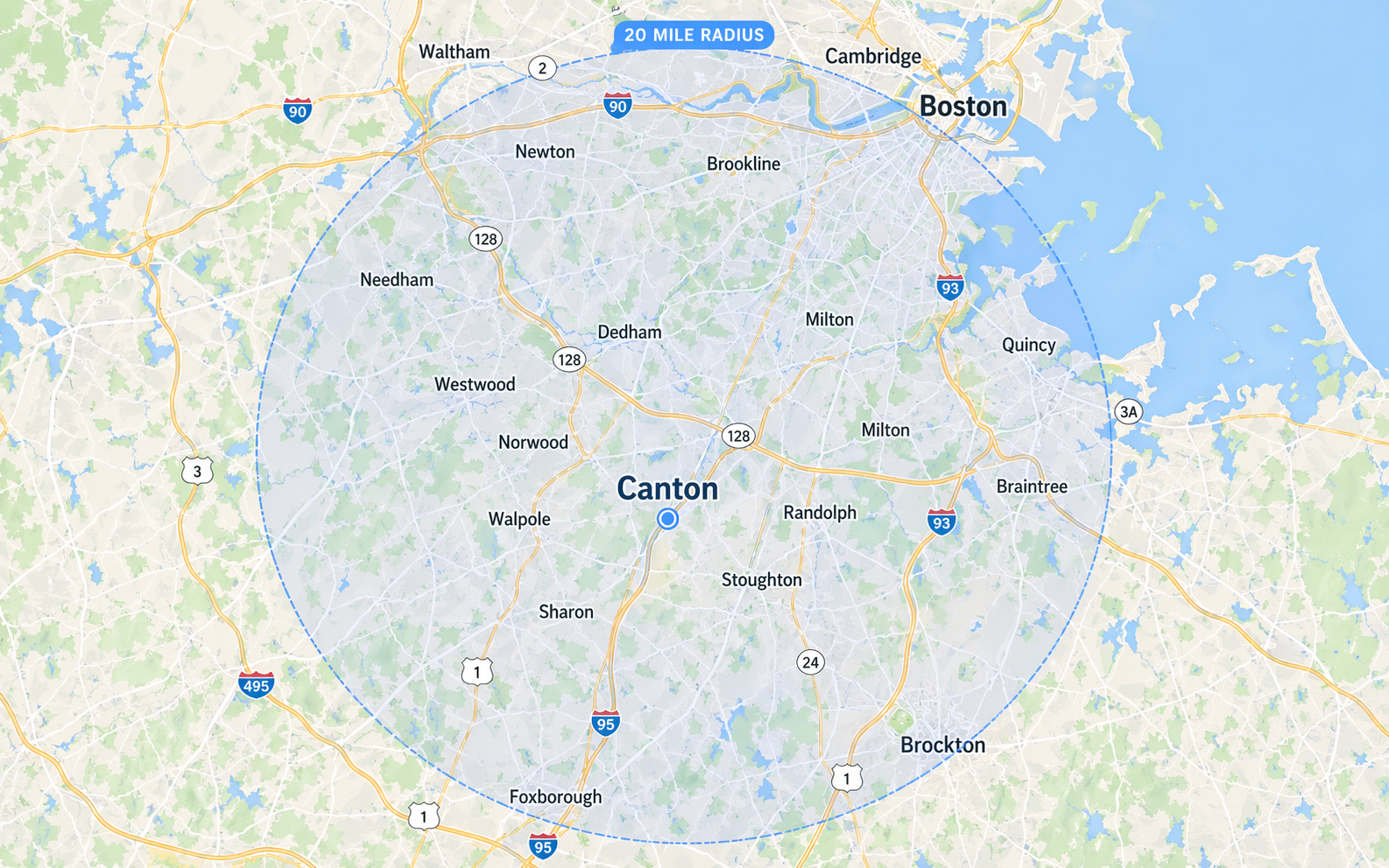 Canton MA and Greater Boston fence service area map